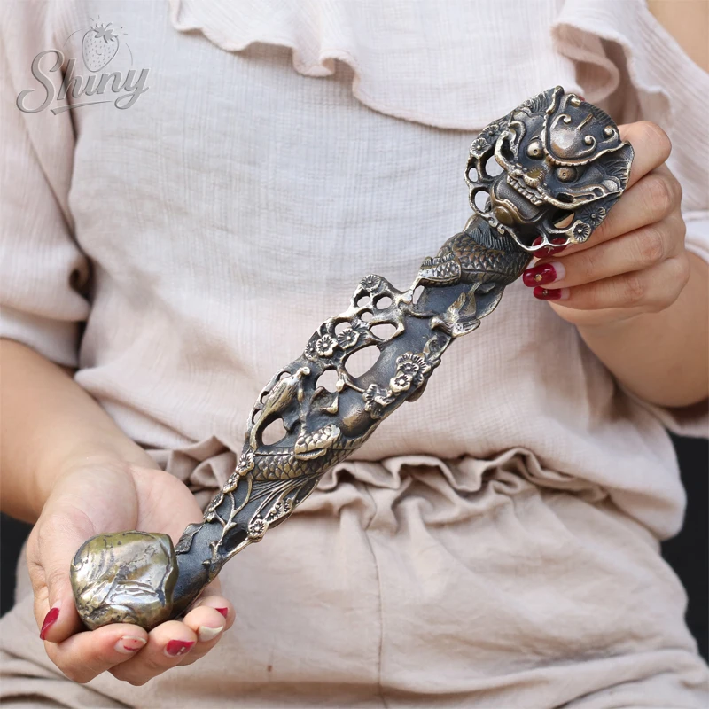 

11inch Antique Old China Bronze Gilt Fengshui Dragon Loong Beast Flower Bird Ruyi Wealth Statue Fengshui Sculptures home decor