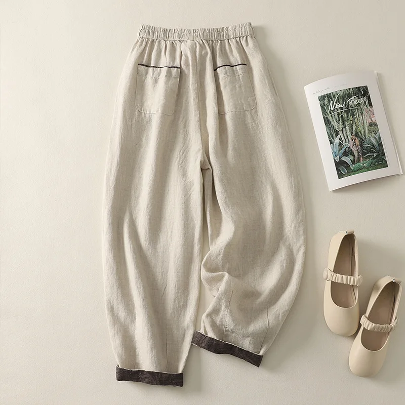 Women Summer Vintage Mori Girl Patchwork Cotton Linen Harem Pants Drawstring High Waist Casual Loose Straight Pants