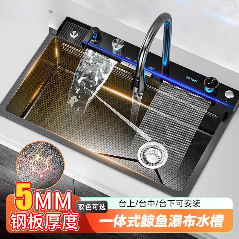 304 Stainless Steel Kitchen Sink Large Single Bowl 5mm Thickened Whale Double Waterfall Design Multifunctional Digital