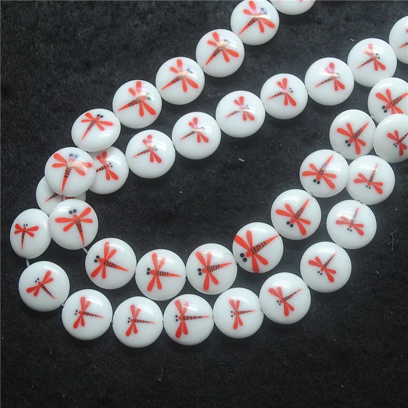 26PCS New White Glass Beads Coin Shape 12MM Coin Shape DIY Jewelry Accessories Two Faces Of Dragonfly