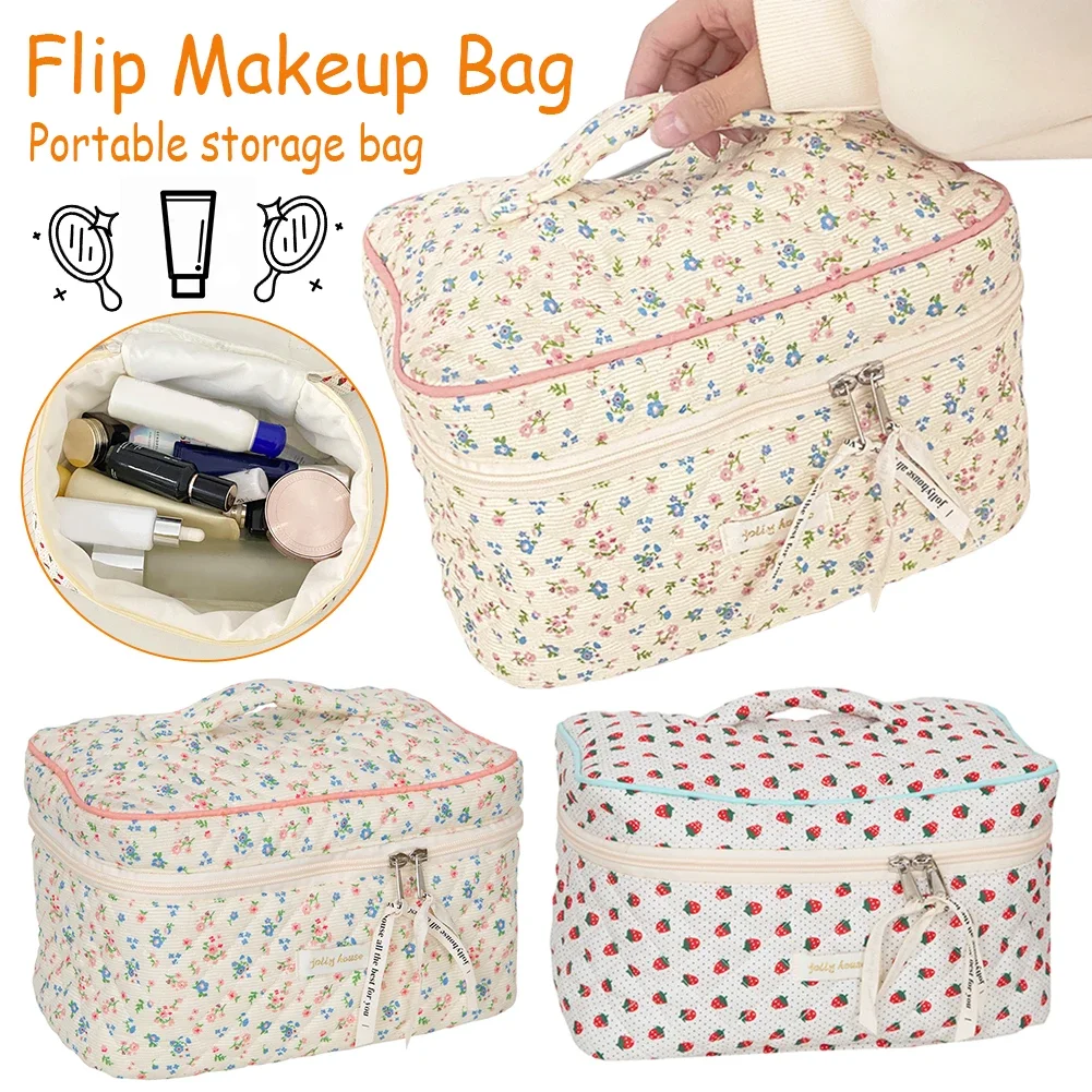 Borsa per il trucco in cotone borsa per cosmetici da viaggio borsa per cosmetici trapuntata estetica con manico leggera per ragazze da donna