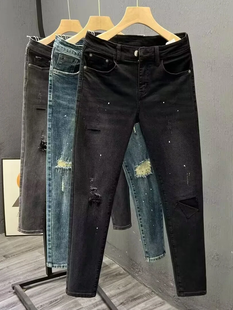 

Модные мужские облегающие черные эластичные джинсовые джинсы в Корейском стиле, весенне-осенние повседневные хлопковые эластичные брюки с девятью точками