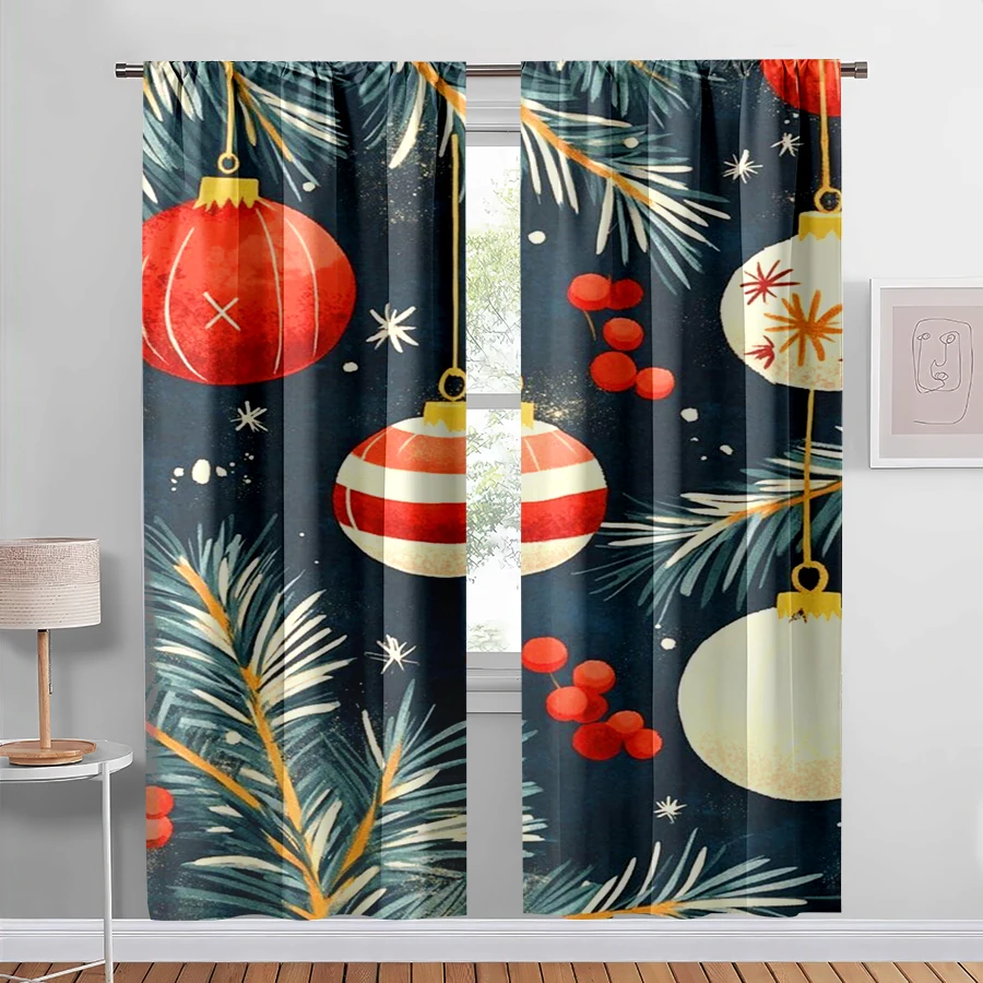 2PCS Digital Print Curtain, Vintage Christmas Ornament Balls with Pine Branches and Red Berries on Dark Blue, for Bedroom Decor