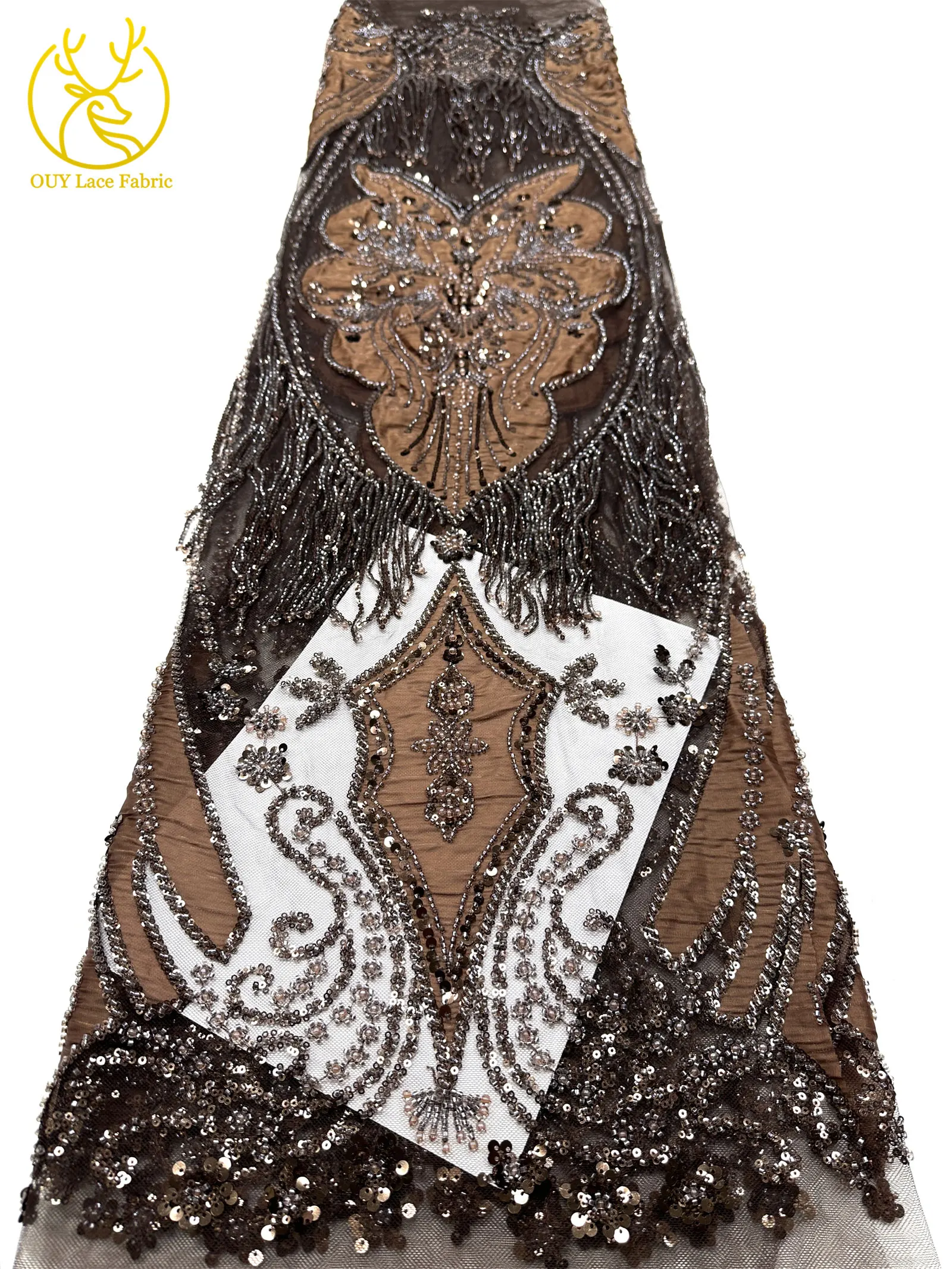Eleganter Afrikanischer Samt 3D Perlen-Spitzenstoff 5 Yards Französische Pailletten Tüll Stickerei Spitzenstoff Nigerianisches Hochzeitskleid Nähzubehör – Detail 16