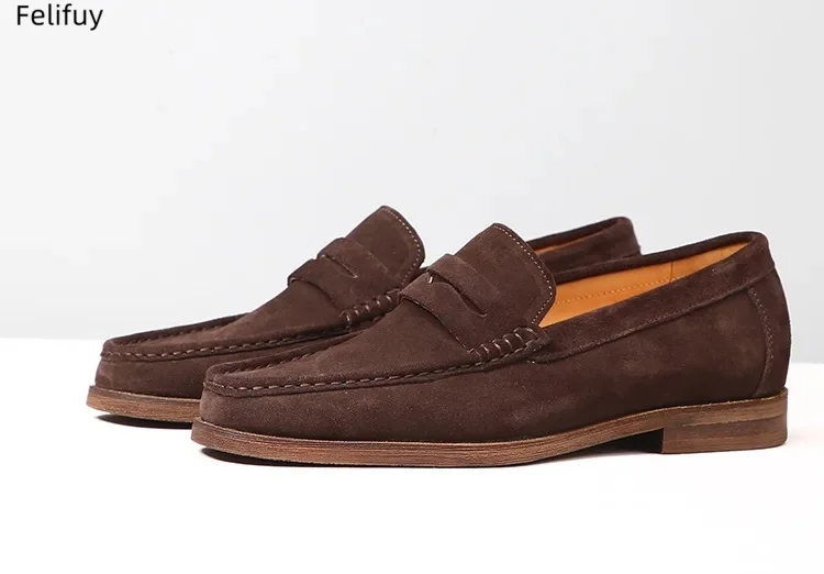 Brown Classics Cow Suede Men's Shoes Slip On Loafers Preppy Soft Breathable Flats Non Slip Daily Fashion Casual Outdoor Sneakers