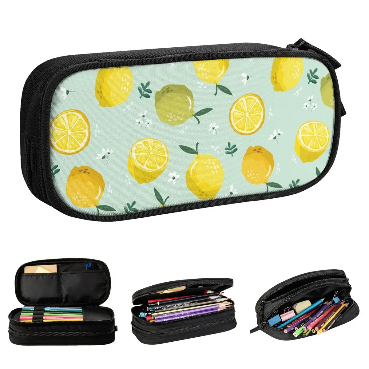 Lemon Flower Pencil Cases Cute Fruit Pattern Pen Holder Bag Student Big Capacity Students School Gift Pencil Pouch