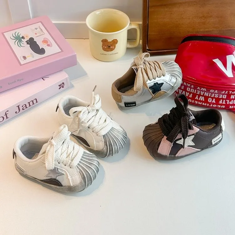 Toddler Kids Shell Toe Sneakers Star Patch Lace‑up Soft Non‑slip Sole Lightweight Casual Walking Shoes For Daily Outdoor