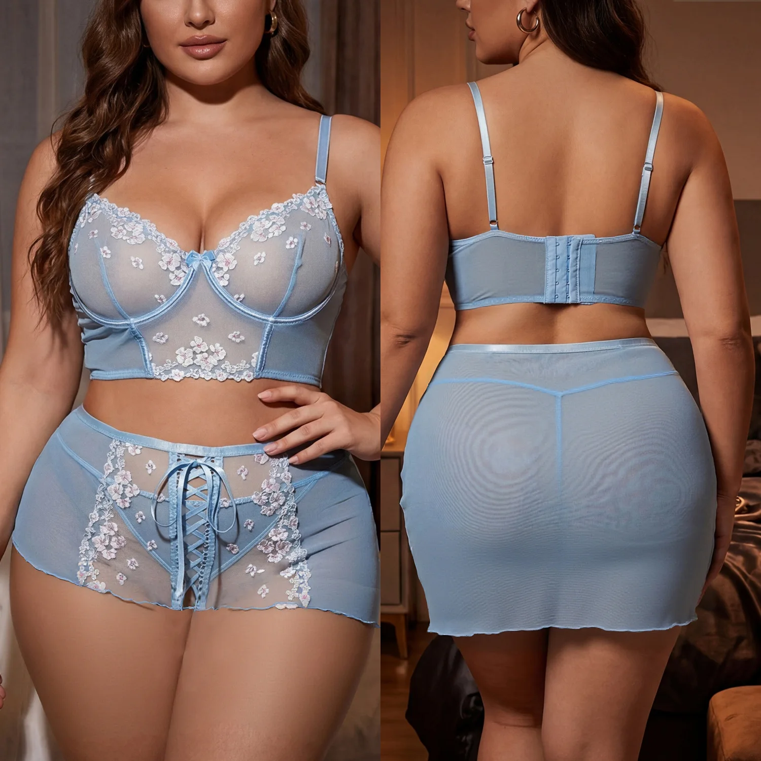 Plus-size Style Embroidered Floral Lace See-through Design Seductive Lingerie Nightdress Women's Three-piece Set Sexy Women X226
