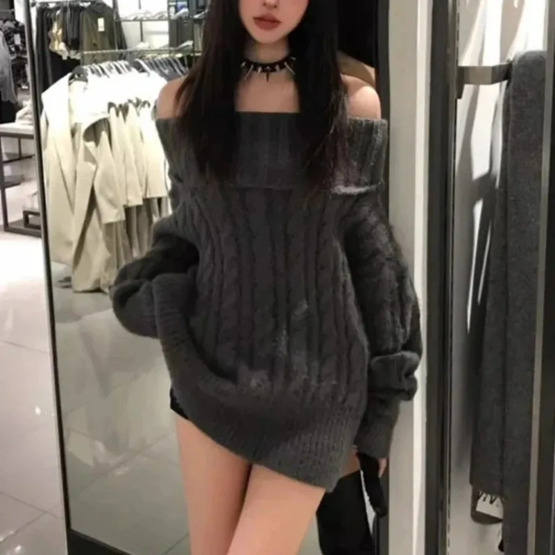 

Autumn Winter French Design Grey Off Shoulder Knit Sweater WomenChic Outerwear FashionKorean Popular Clothes New