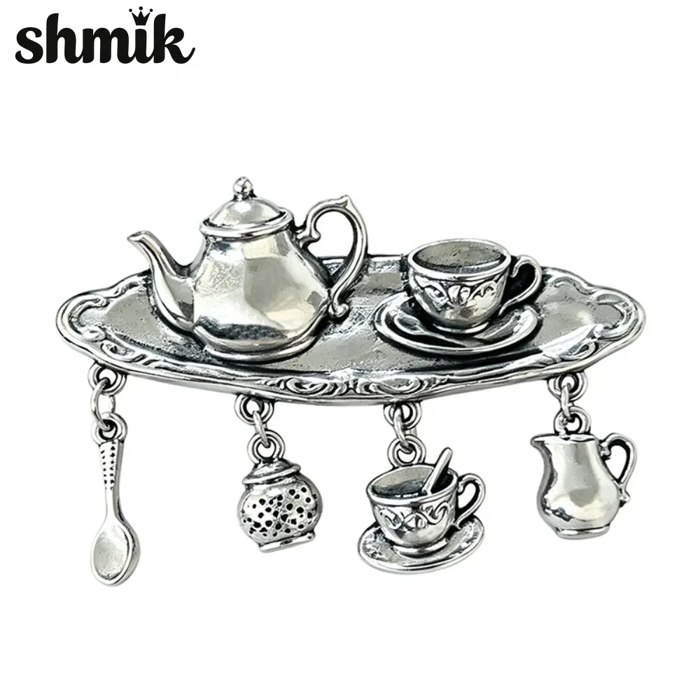 Vintage Tea Set Tray Brooches For Women Men 2-color Metal Teapot Cup Spoon Dangle Charms Party Casual Brooch Pins Gift