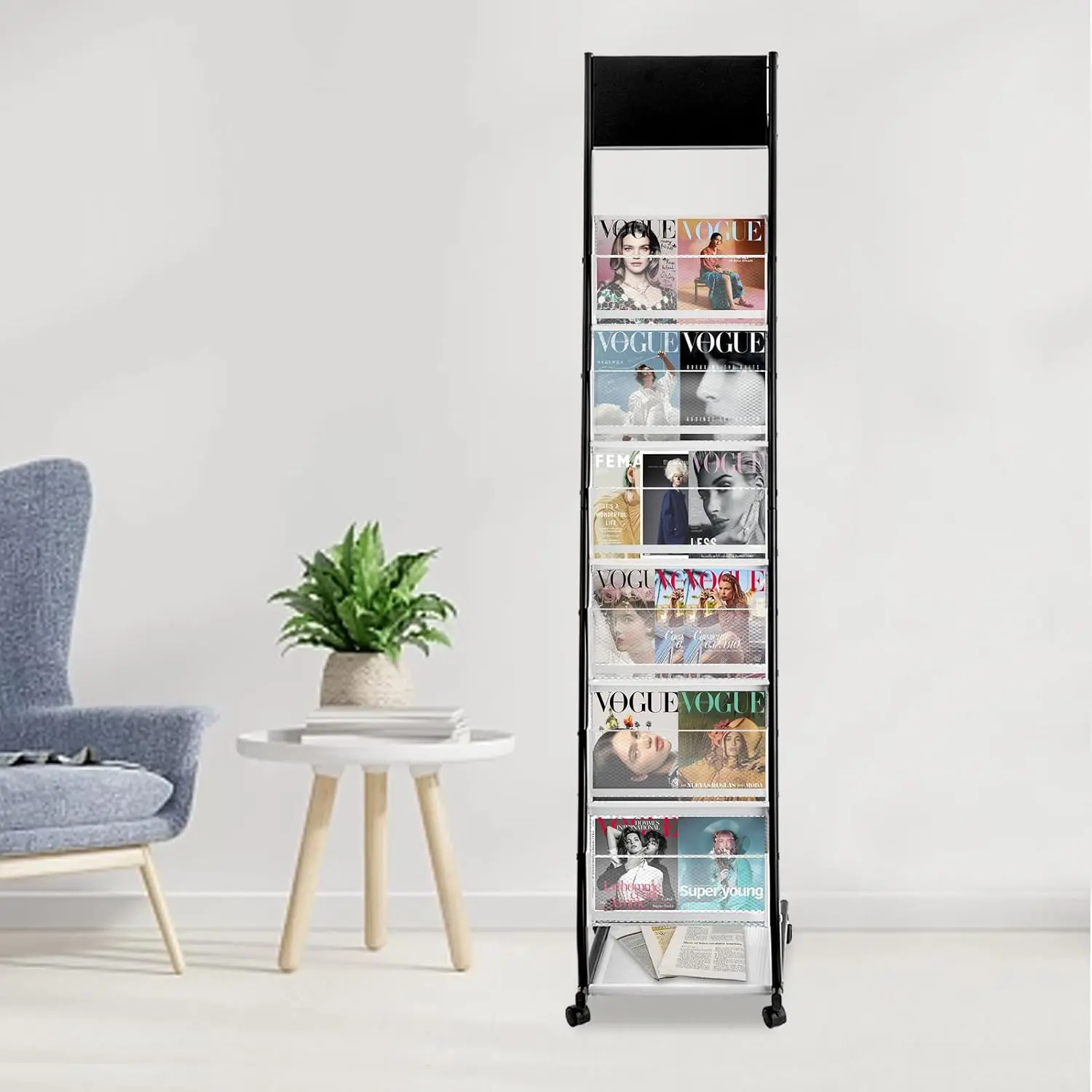 6 Tiers Floor standing Magazine Rack Iron Brochure Display Stand with Wheels and Mesh Storage Basket Literature, Customized