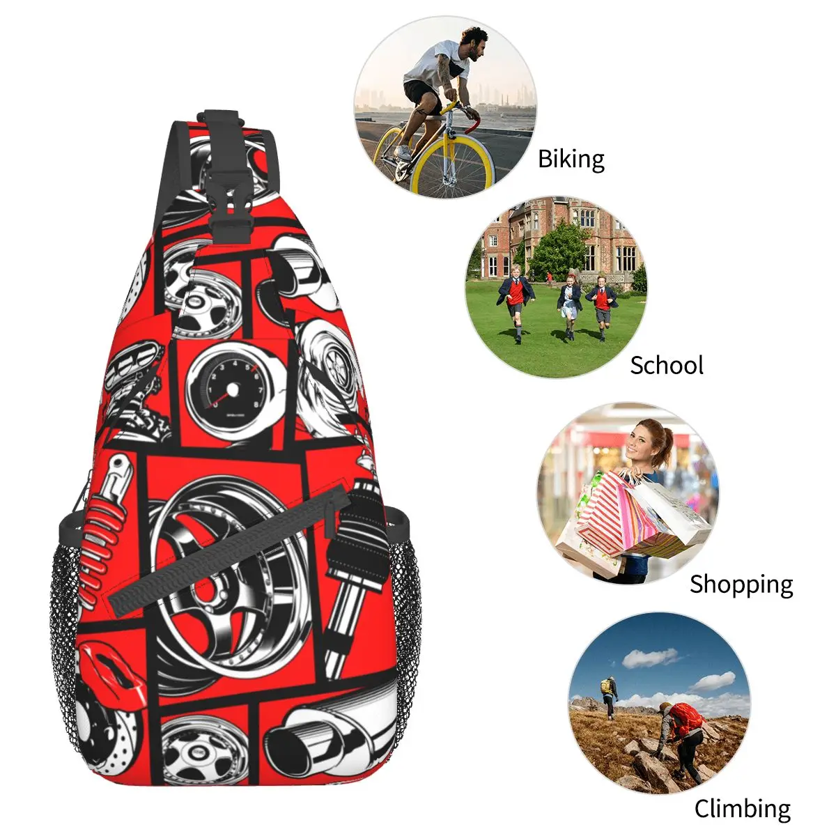 Auto Cultuur Crossbody Sling Tas Patroon Borst Tas Schouder Rugzak Dagrugzak Voor Wandelen Reis Reistas