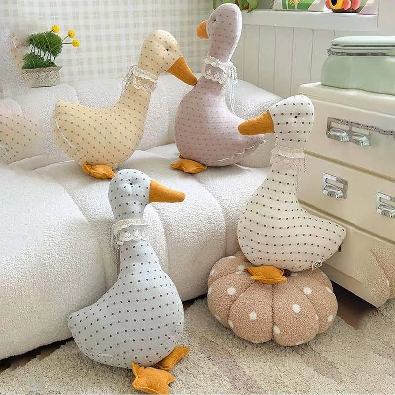Nordic Polka Dot Duck Plush Pillow Handmade Linen Stuffed Duck Doll with Lace Collar Cute Animal Cushion Room Home Decor Gift