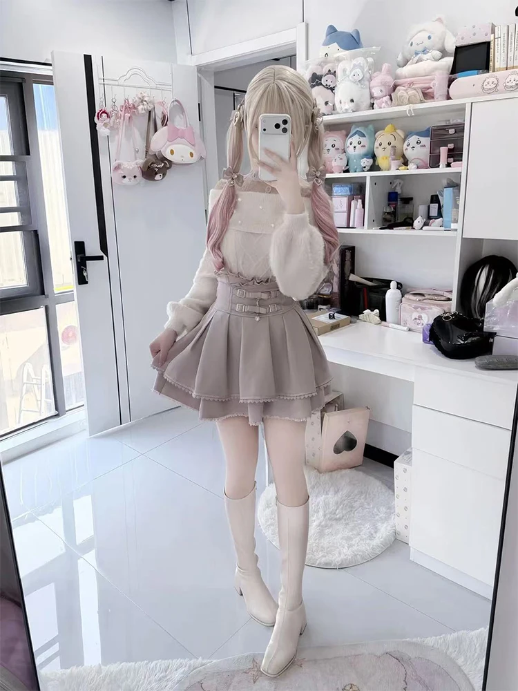 

Японский комплект из свитера с открытыми плечами и юбки с высокой талией для женщин, осенне-зимний, стройнящий, модный костюм