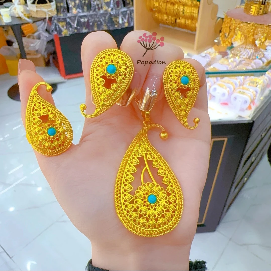 New Italian 24K Gold Plated Necklace Earrings Rings Wedding Engagement Party Jewelry Set for Lovers DD10707