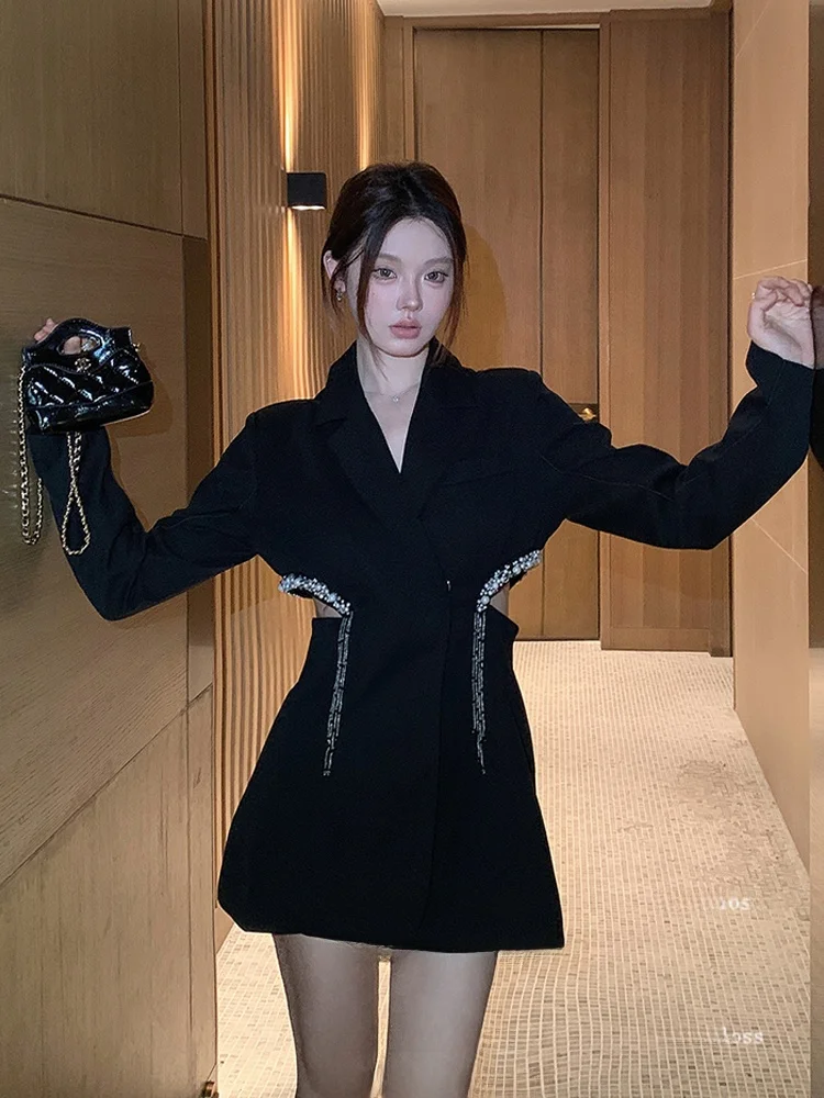 

FanyFloss Облегающее платье подружки невесты с пайетками и поясом с зубчатыми лацканами Длинное повседневное вечернее платье Sve Busin