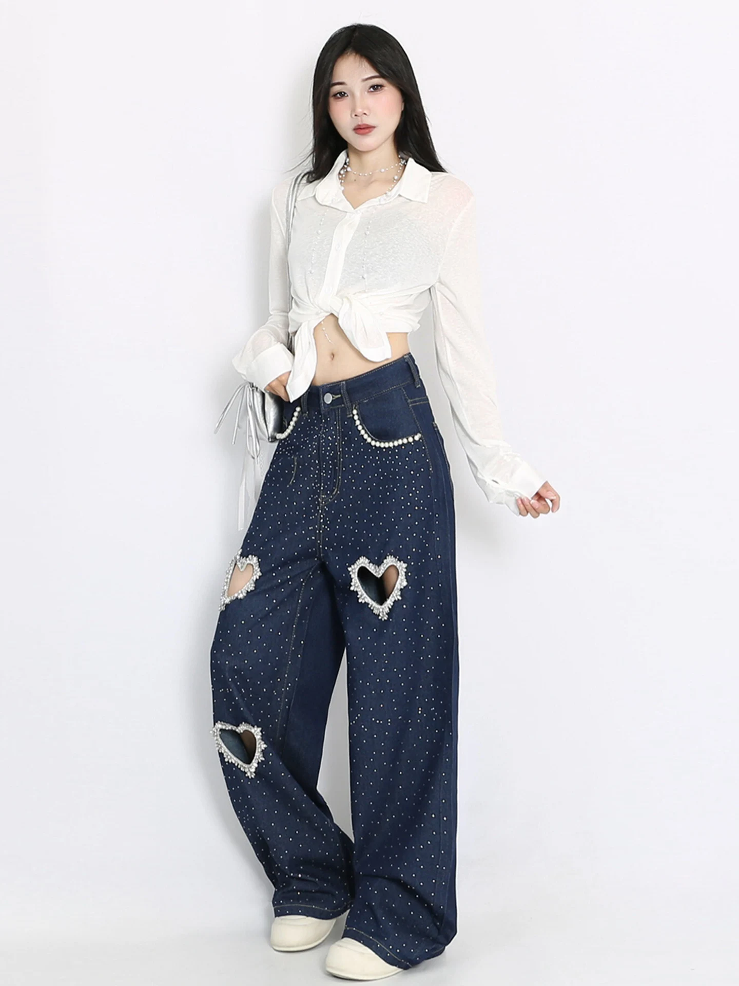 Women's Jeans Heart-shaped Holes Hot Stamping Straight Leg Wide Leg Jeans American Style Autumn New Loose Floor Length Pants