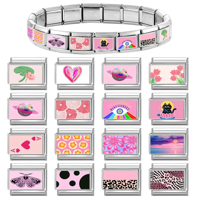 Y2K Pink Heart Butterfly Sunset Leopard Italian Charm Links Fit 9mm Stainless Steel Bracelet Women DIY Making Jewelry Gift