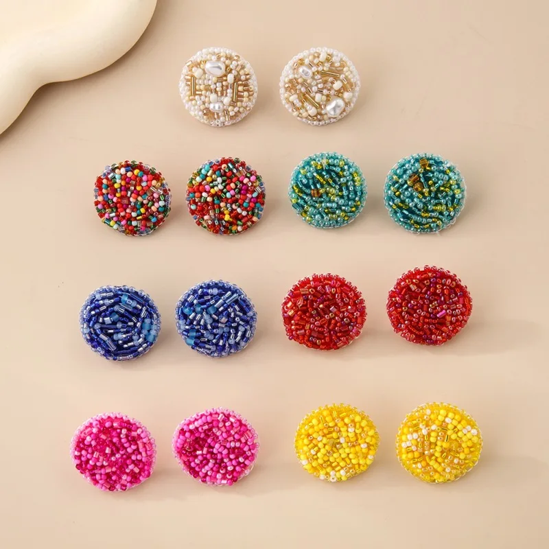 Bohemia Rice bead earrings Geometry Spherical shape Color mixing Hand-woven Alloy National style Simple Creativity Beaded
