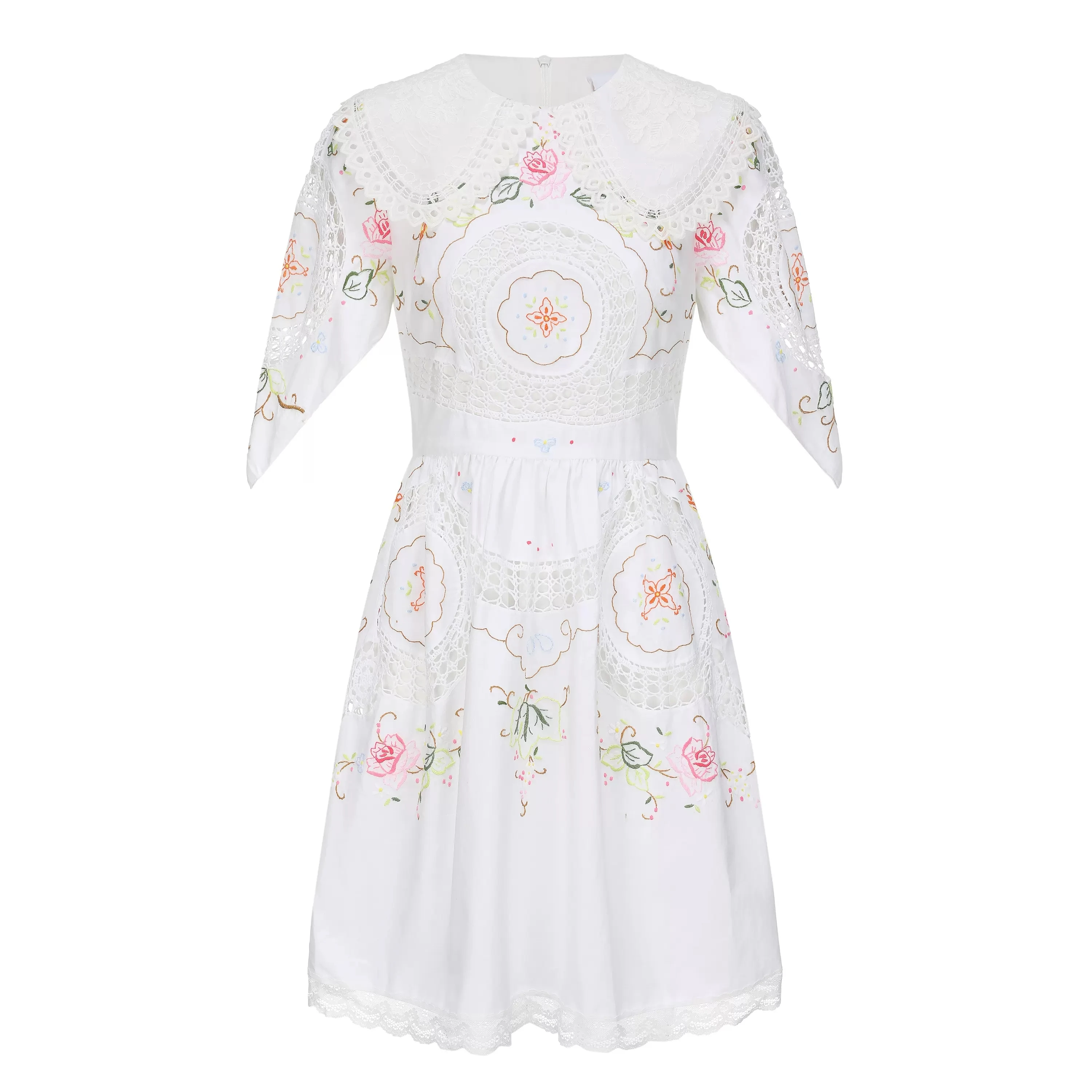 86-96cm Bust Spring Summer Women French Style Vintage Handmade Exquisite Full Embroidered White Cotton Dresses