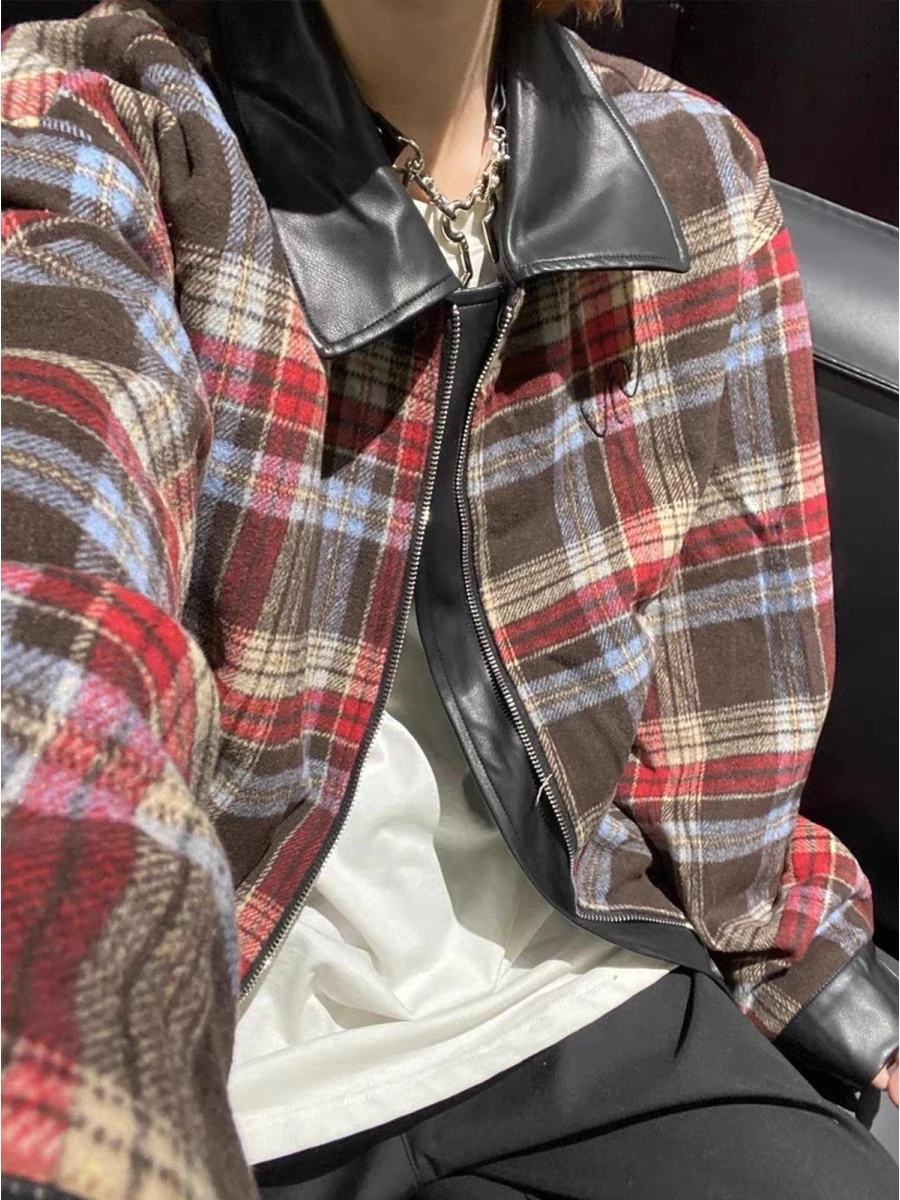 

Double-Sided Wear Plaid PU Leather Jaet Loose Casual Men's Autumn Winter American Retro Couple's Turn-down Collar Coat