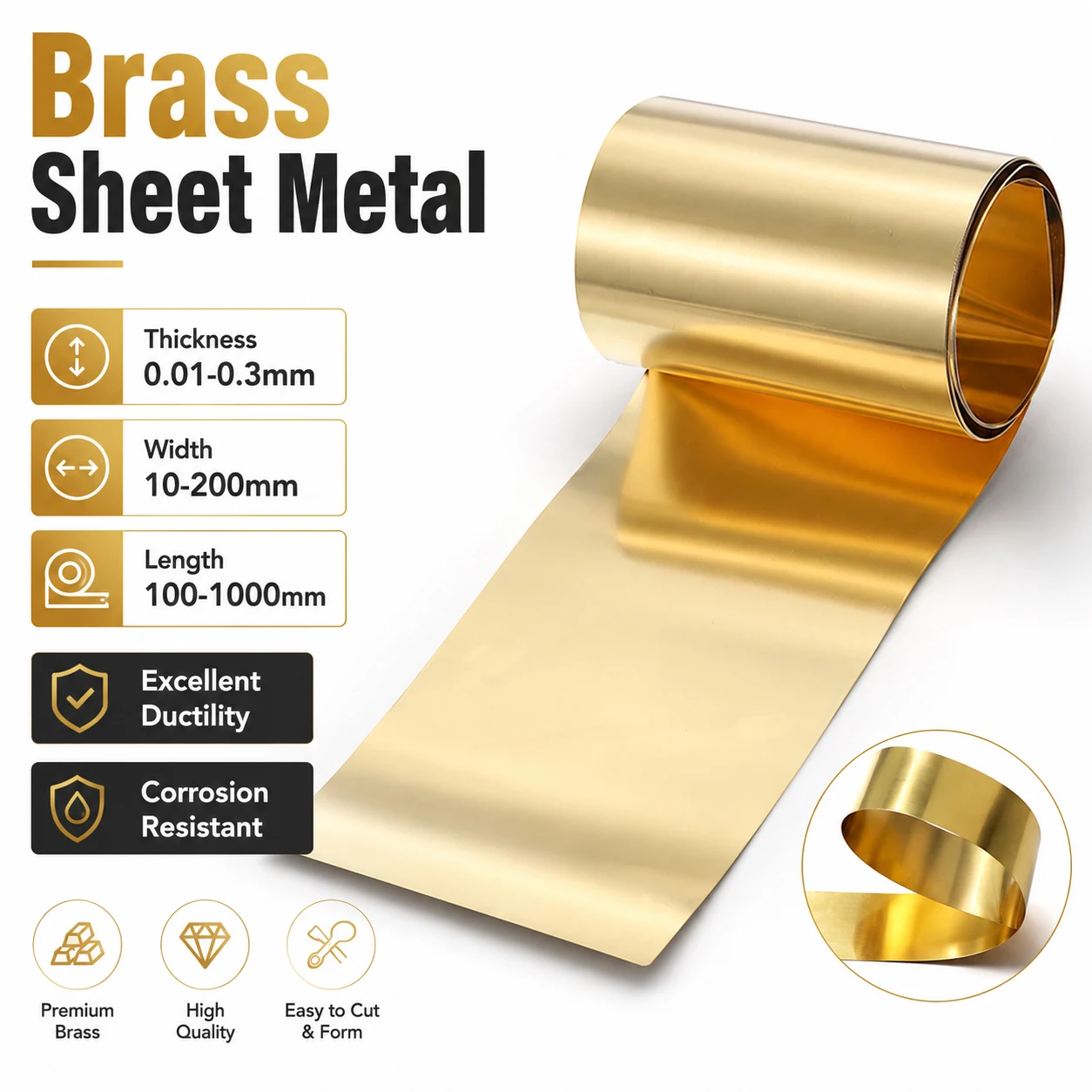 1-3Pcs 0.01-0.3mm Brass Sheet Foil, 10-200mm Wide 100-1000mm Long Thin Brass Metal Plate for Craft Jewelry Gasket Shim