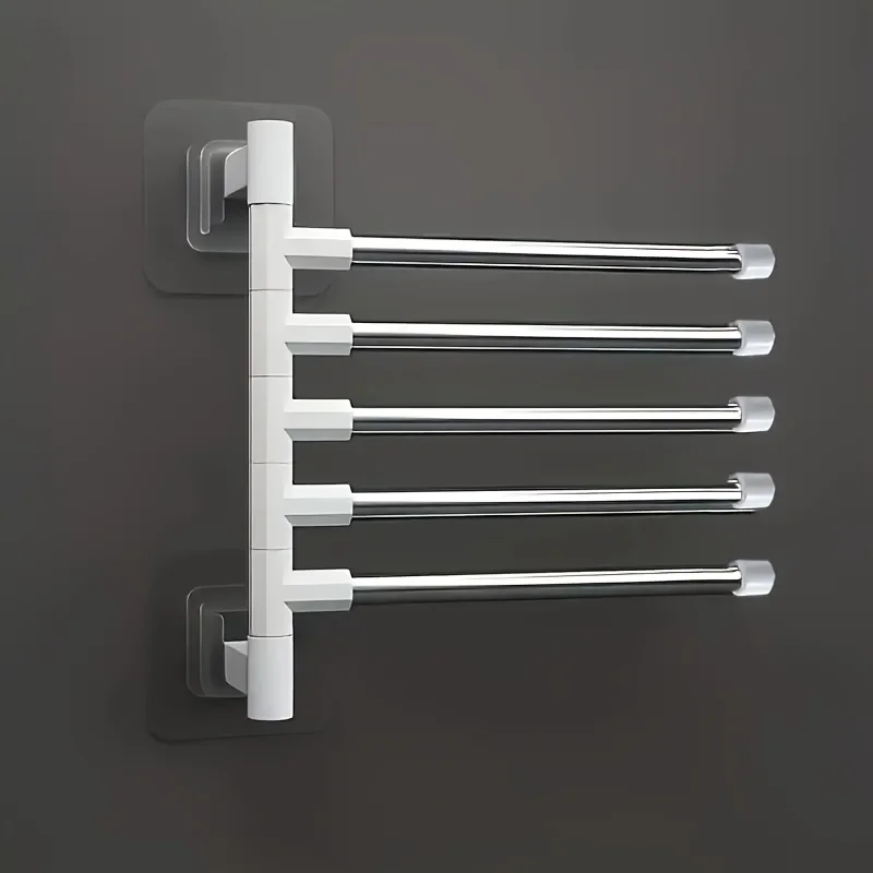 [1pc Rotating Towel Rack Organizer] 1pc Modern Wall-Mounted Bathroom Towel Rack with 180° Rotating Hooks, Punch-Free Stainless