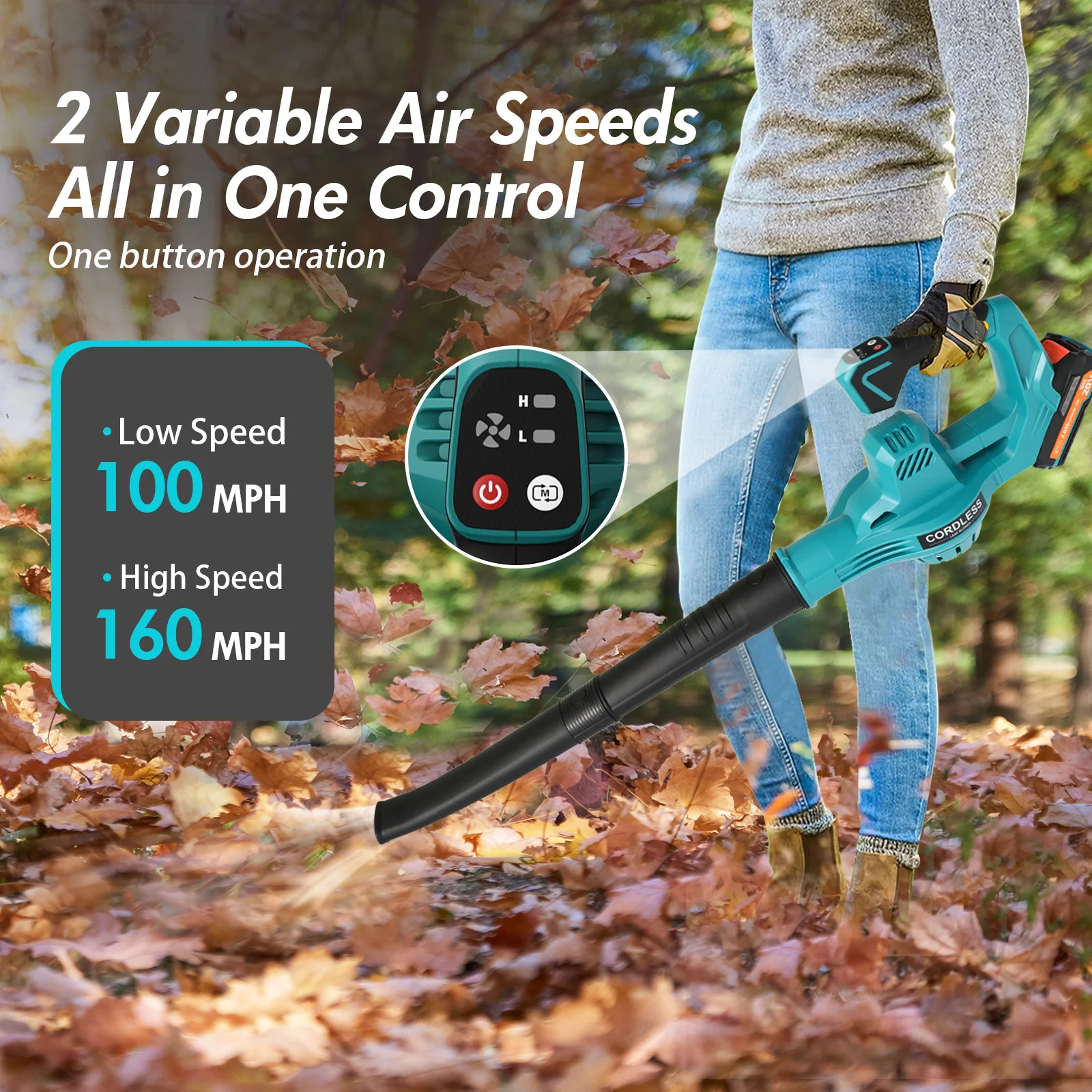 Leaf Blower Cordless Electric Portable 19500 RPM Lightweight 160MPH 20V with 2x2.0Ah Batteries Handheld Leaf Cleaner 2-Speed Lawn Care Yards