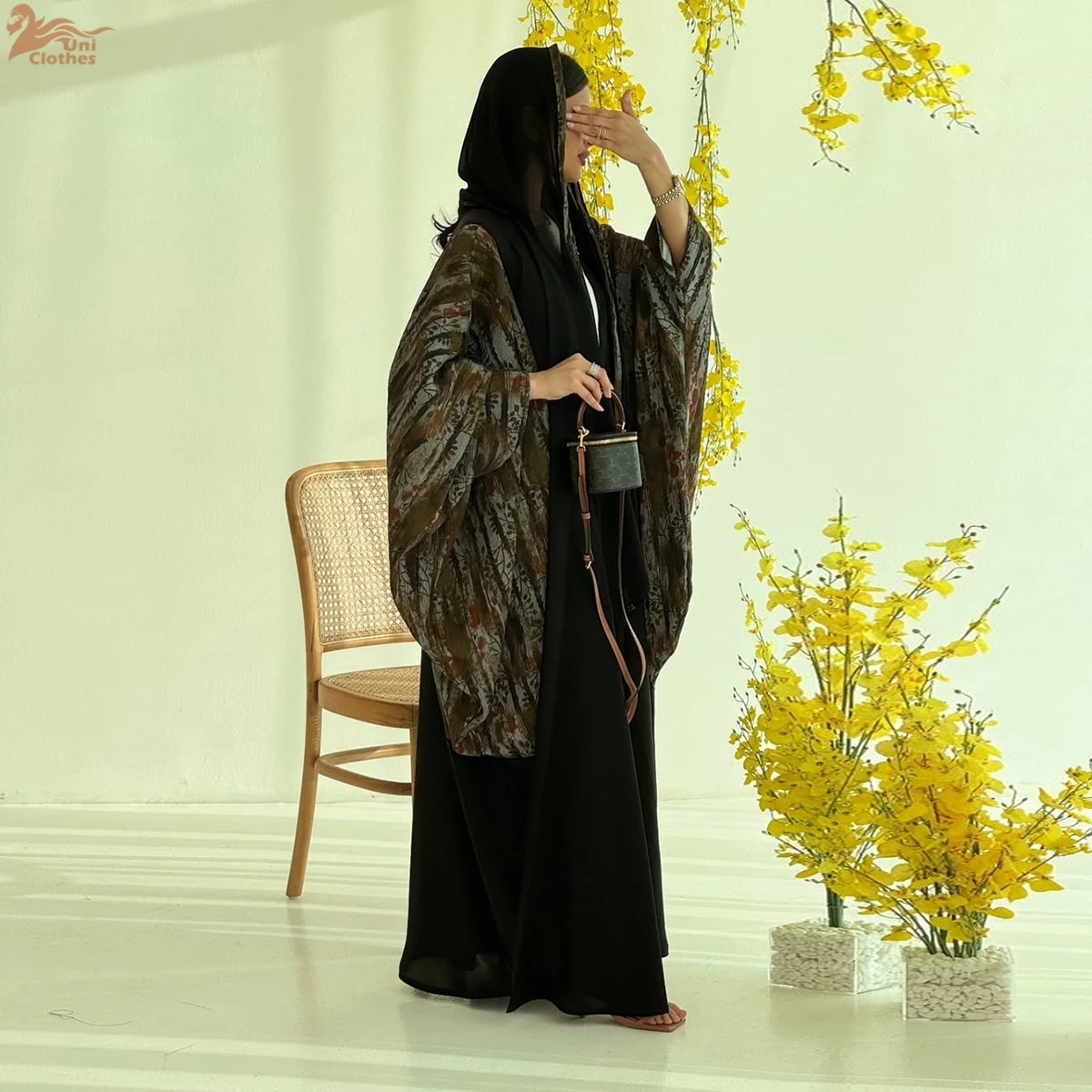 Uni nouveau musulman imprimé fleuri Dolman manches caftans Hijab inclus dubaï élégant décontracté ouvert Abayas Hijab vêtements femmes 2025