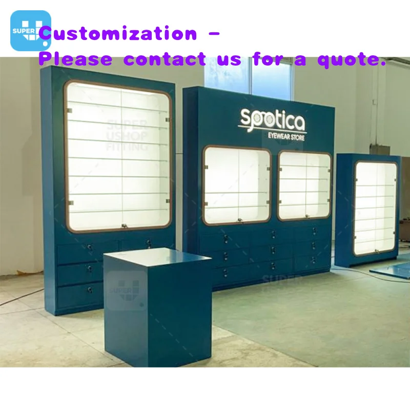 custom.Customized Blue Led Lighting Shopping Mall Kiosk Sunglasses Furniture Lockable Eyewear Display Showcase Optical Store