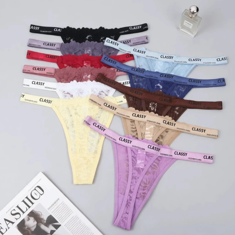 String brodé en dentelle pour femmes, culotte transparente en maille sans couture, taille basse fine, sangle en T au dos, entrejambe en coton