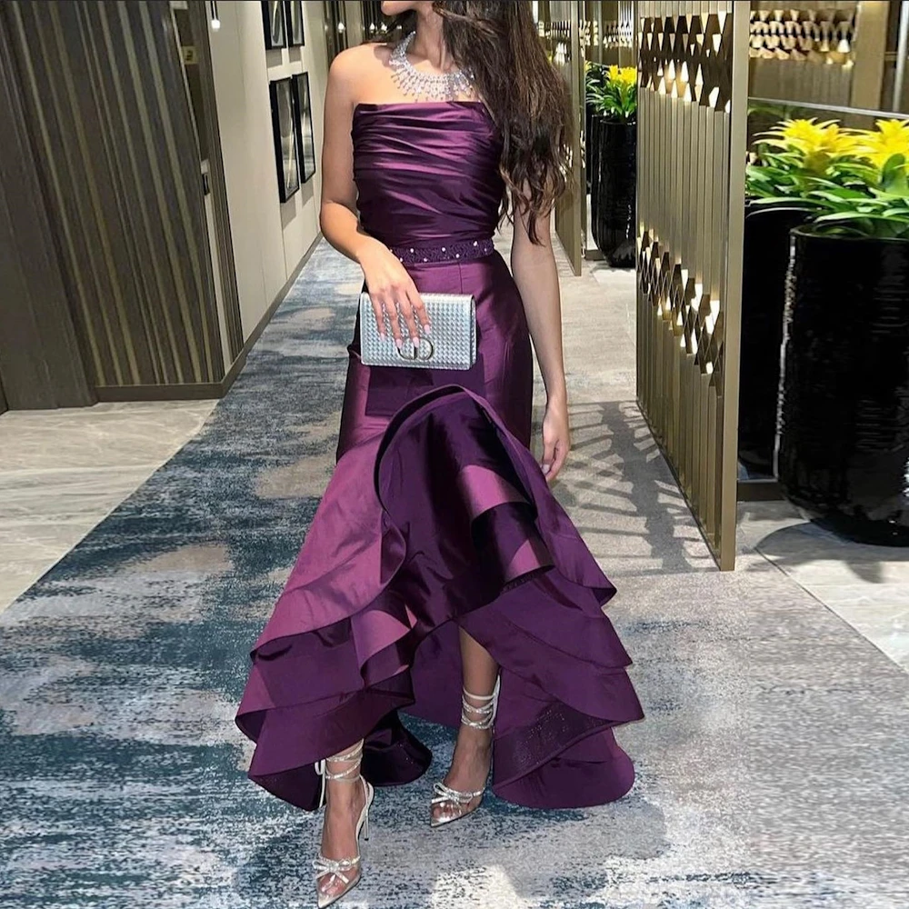 

ROSELLA Purple Pleated Strapless Women Special Events Dress Ankle Length Tiered Mermaid Saudi Evening Dress New 2023