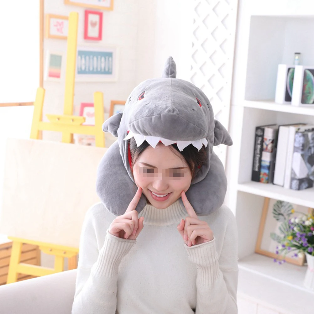 

Cozy Hooded Pillow U-Shaped Travel Hooded Neck Pillow Funny Headwear Shark Hat Cartoon Cap Soft Filled Toy Neck Support