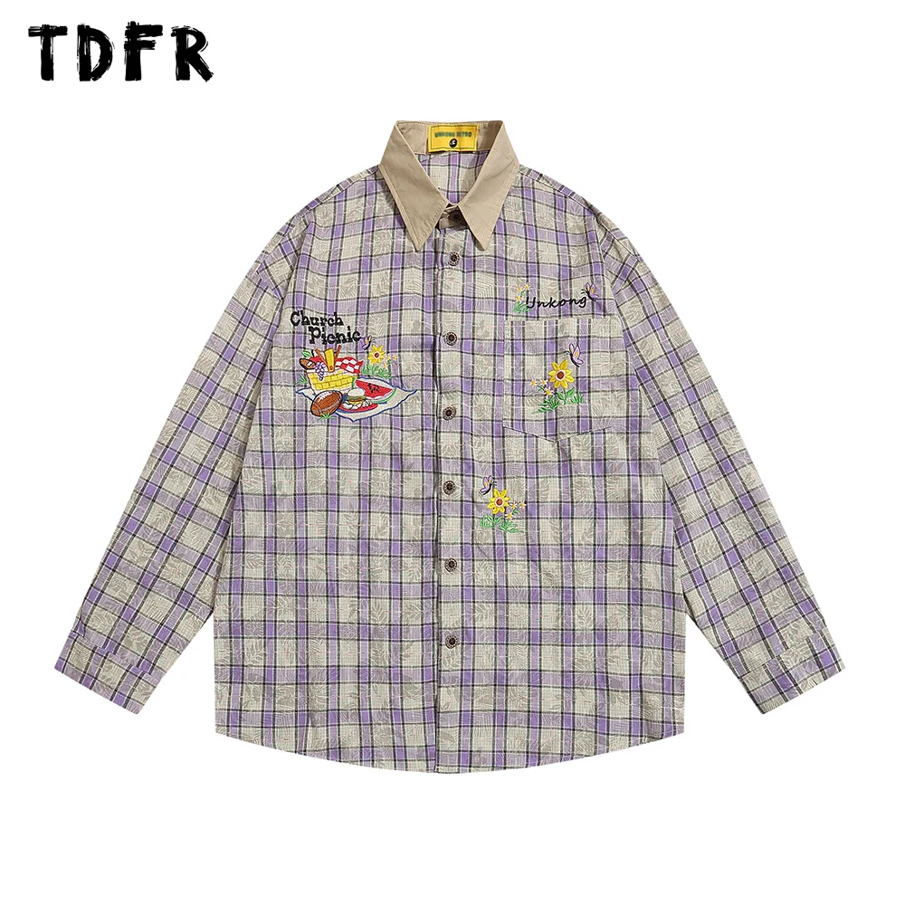 

Flower Embroidery Plaid Shirts Mens Autumn Retro Streetwear Spliced Lapel Pocket Long Sleeve Single Breasted Shirts Men Tops