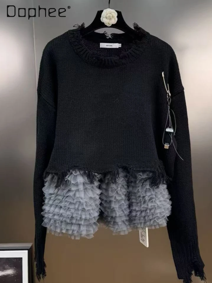 

Korean Ins Puffy Mesh Patchwork Ripped Round Neck Long Sleeve Knitted Sweater Women Trendy Versatile Personality Sweaters