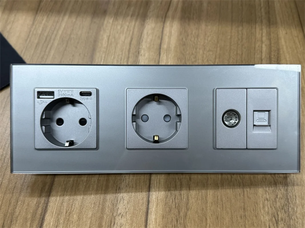 USB Socket EU Standard Wall Sockets with Type C Outlet with TV CAT6 Internet Rj45 Network Connector Glass Panel home improvement