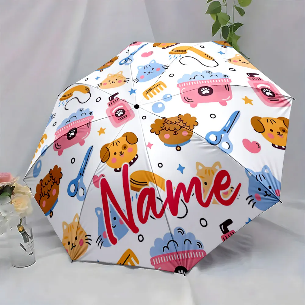 Custom Name Pet-Themed Colorful Umbrella Design with Cute Print 8 Iron Ribs Folding Umbrella, Auto-Open Fashion Sunshade