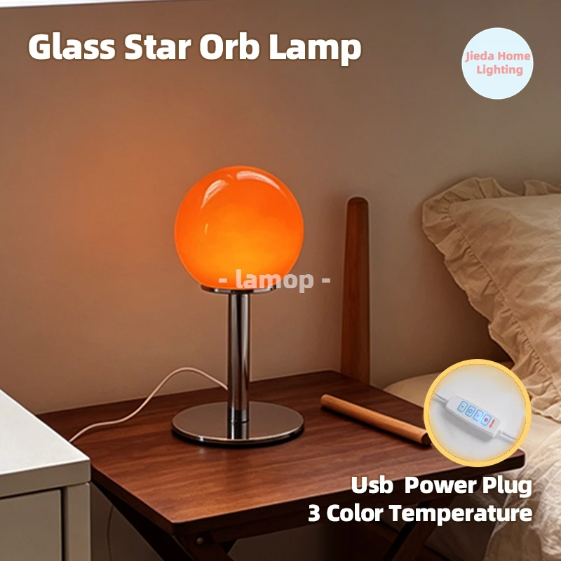 Gloss Orange Star Orb Glass Table Lamp Italian Geometric Bedside Lamp 3 Color Temperature Bedroom Living Homestay Decor Table