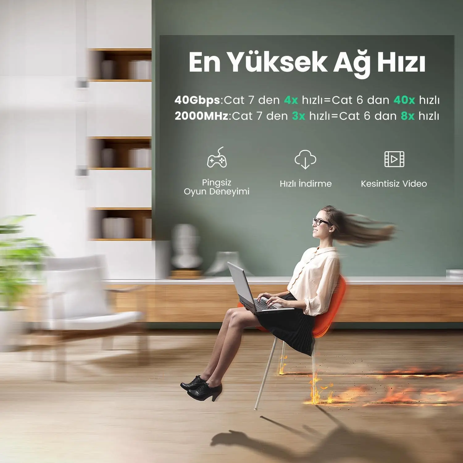 UGREEN Cat 8 이더넷 케이블 고속 40Gbps 2000Mhz Cat8 RJ45 네트워크 코드 평면 차폐 실내 LAN 케이블