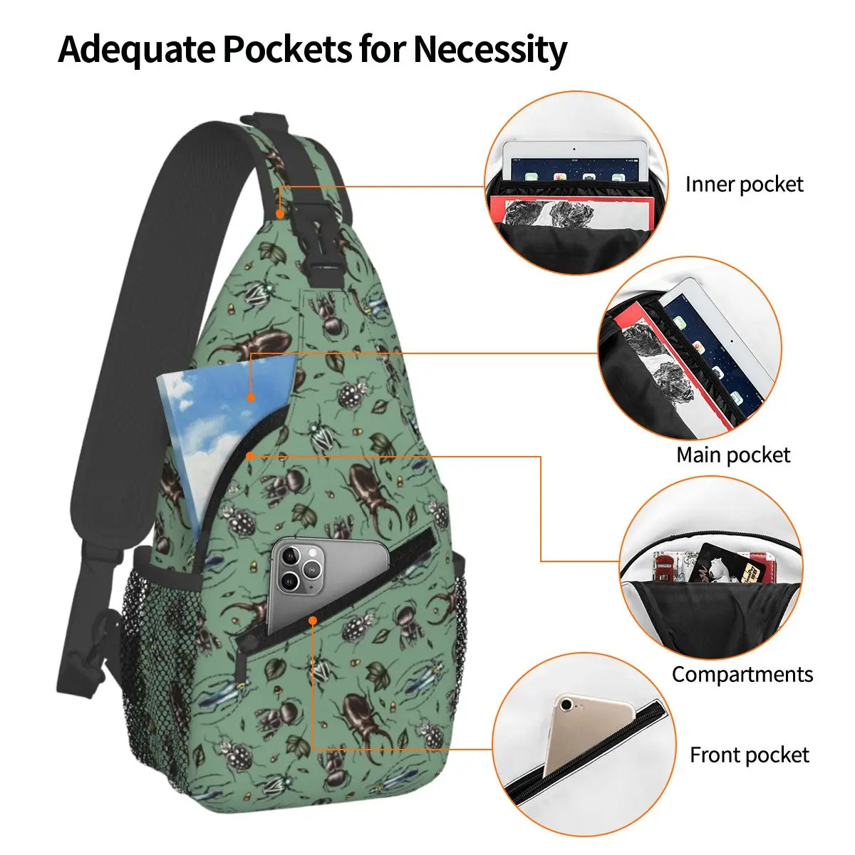 Colored Beetle Pattern - Insect Collection Chest Bag Men Sling Crossbody Backpack Chest Bag Travel Hiking Daypack Shoulder Bag