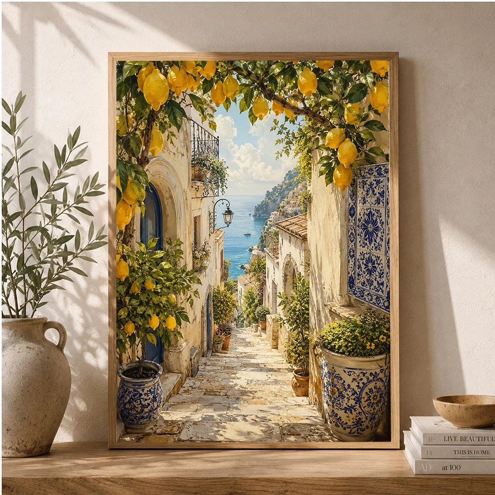 Italian Lemon Kitchen Wall Art Posters, Mediterranean Coastal Print, Blue Tile Italy Poster, Home Living Room, Bedroom Decor, No