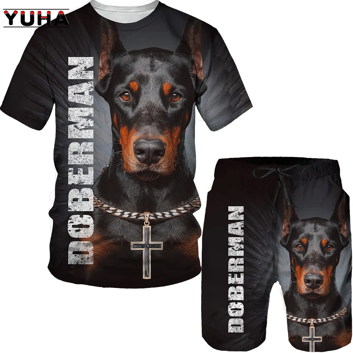 YUHA, Summer Doberman 3D Printed T Shirt and Men\'s T-shirts Shorts Fashion Sportswear Tracksuit O Neck Short Sleeve Mens Clothes