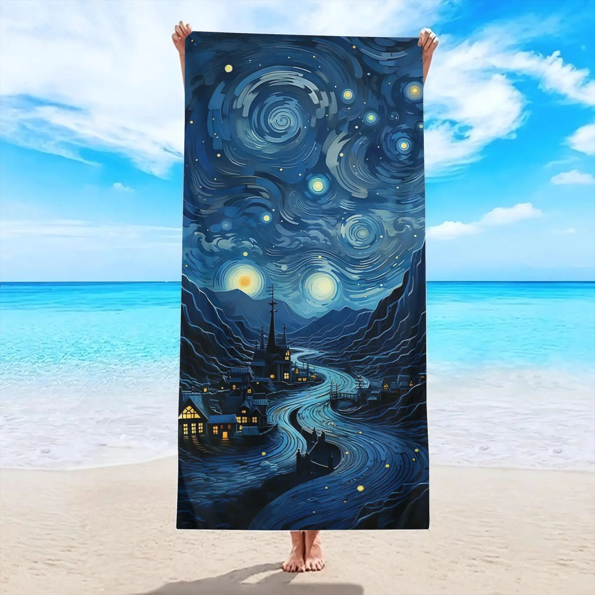 Starry Night Village Fantasy Art Beach Towel Quick-Dry Polyester, Lightweight & Absorbent, Vibrant Starry Sky & Moonlit Village