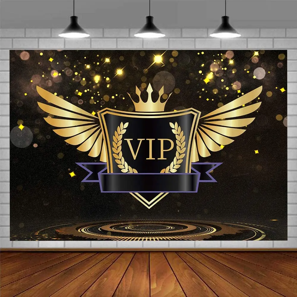 

VIP Photography Backdrop Gold Crown Angel Wings Trophy Background Black Glitter Sequins Star Event Stage Birthday Party Decor