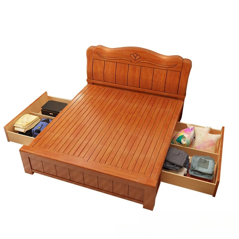 

Modern Chinese solid wood bed, high box and large storage oak bed