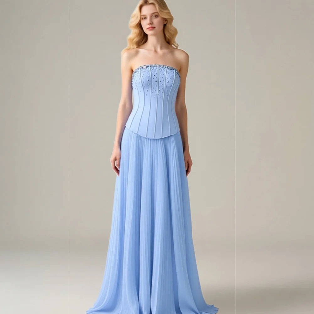 

Customized Chiffon Pleat Beading Strapless A-line Floor-length Bespoke Occasion Prom Elegant Homecoming Elegant Party Wedding