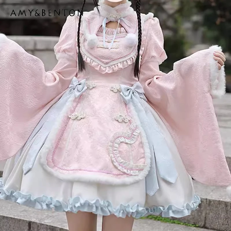 

Japanese Lolita New Chinese Pink Peach Women's Shawl 2025 Autumn Winter New Sweet Cute Halloween Dresses 2-piece Sets Ladies