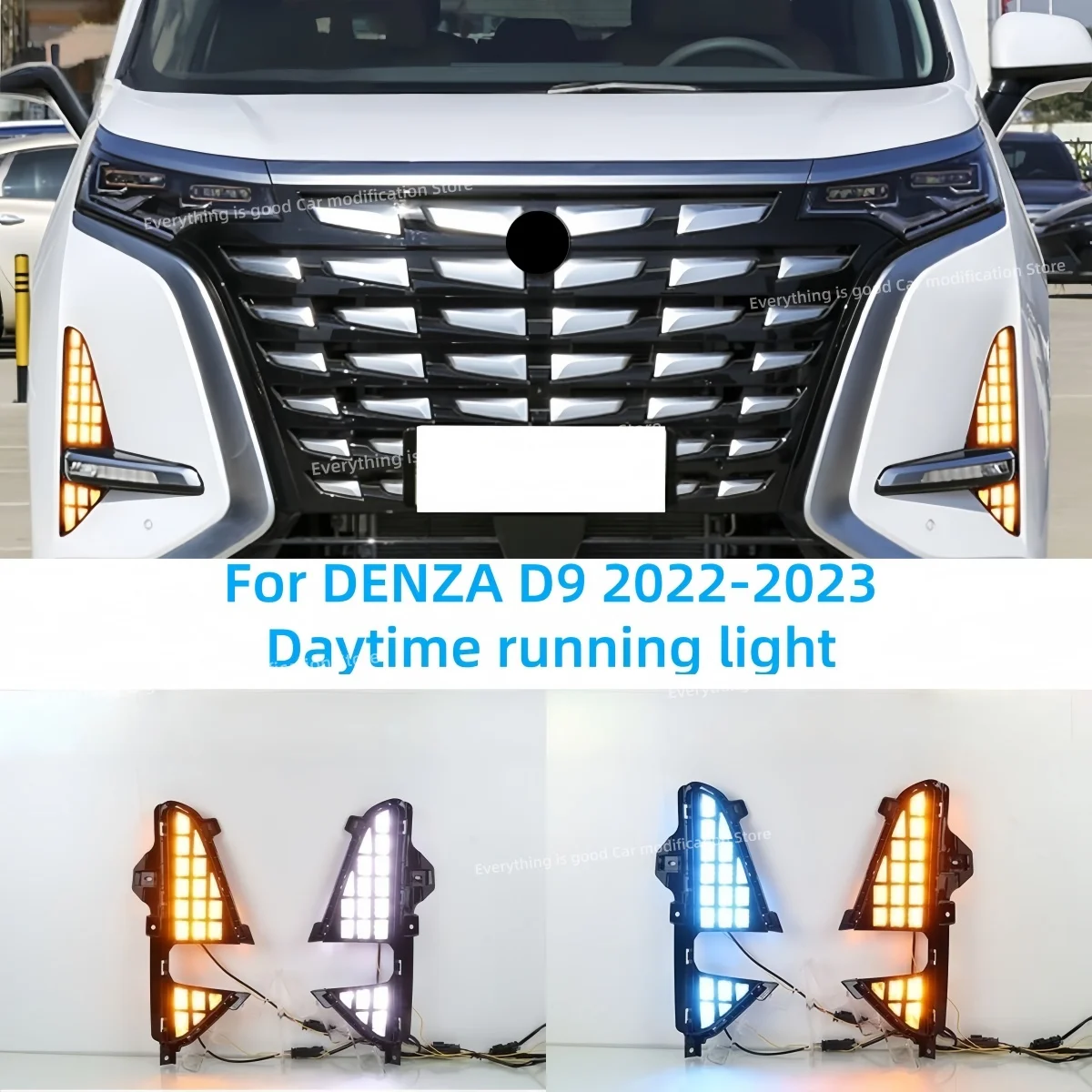 

Для DENZA D9 2022-2023: Сетчатые фонари в стиле «соты», модификация бамперных фар, дневные ходовые огни, динамические указатели поворота