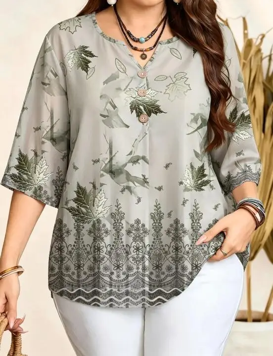 Women Maple Leaf Print Blouse With Ethnic Decorative Hem Border For Curvy Figures Notched Neck 3/4 Sleeve Loose Casual Tops