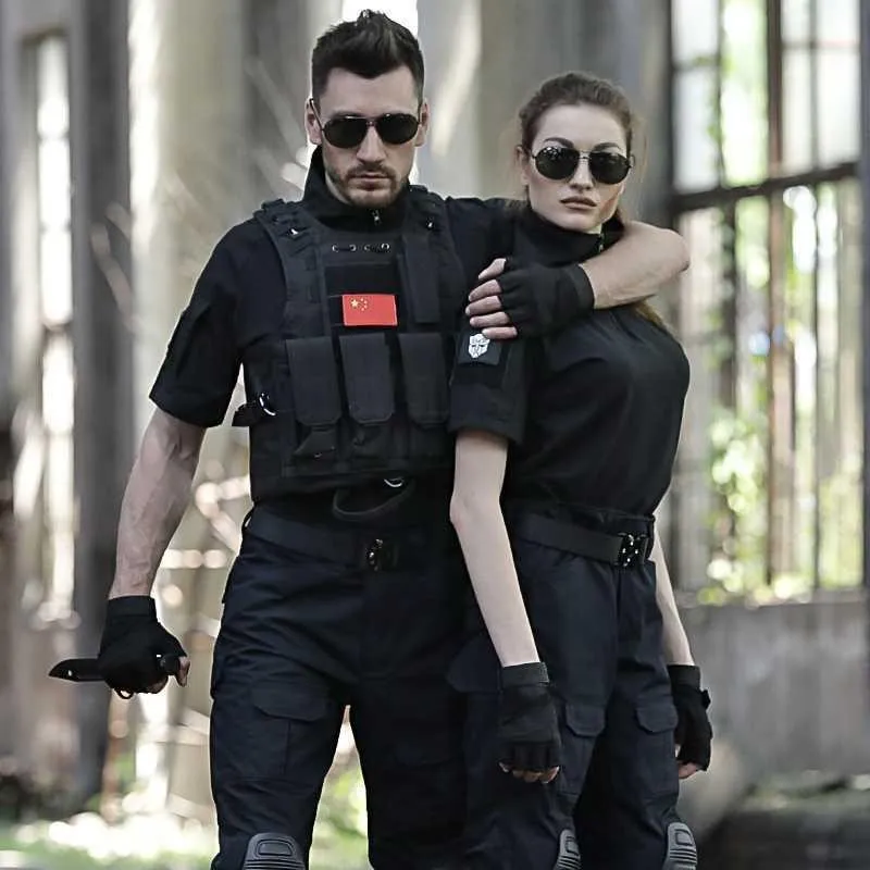 黒の戦術トレーニングスーツ半袖屋外軍事訓練制服メンズモデル耐久性のある耐摩耗性夏迷彩